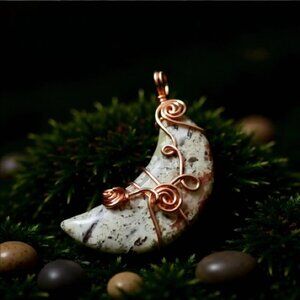 Speckled Crescent Jasper Stone Moon ~ Cream + Tan Colors! Copper Wire Wrapping